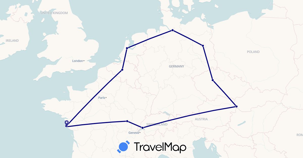 TravelMap itinerary: driving in Belgium, Switzerland, Czech Republic, Germany, France, Netherlands, Slovakia (Europe)